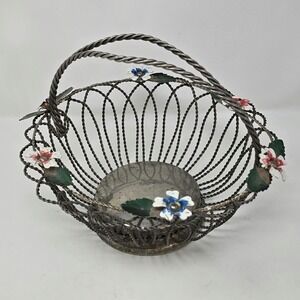 Vtg chrome metal wire fruit bowl basket retro flower kitchen‎ décor rustic